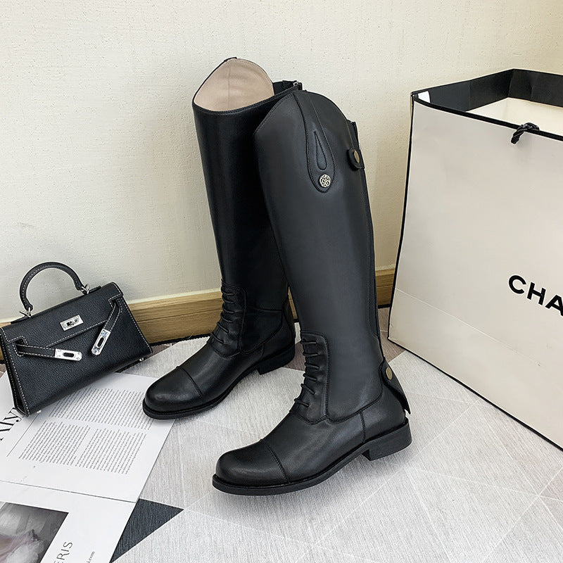 Women's Back Zipper High Leg Chunky Low Women's Leather Boots