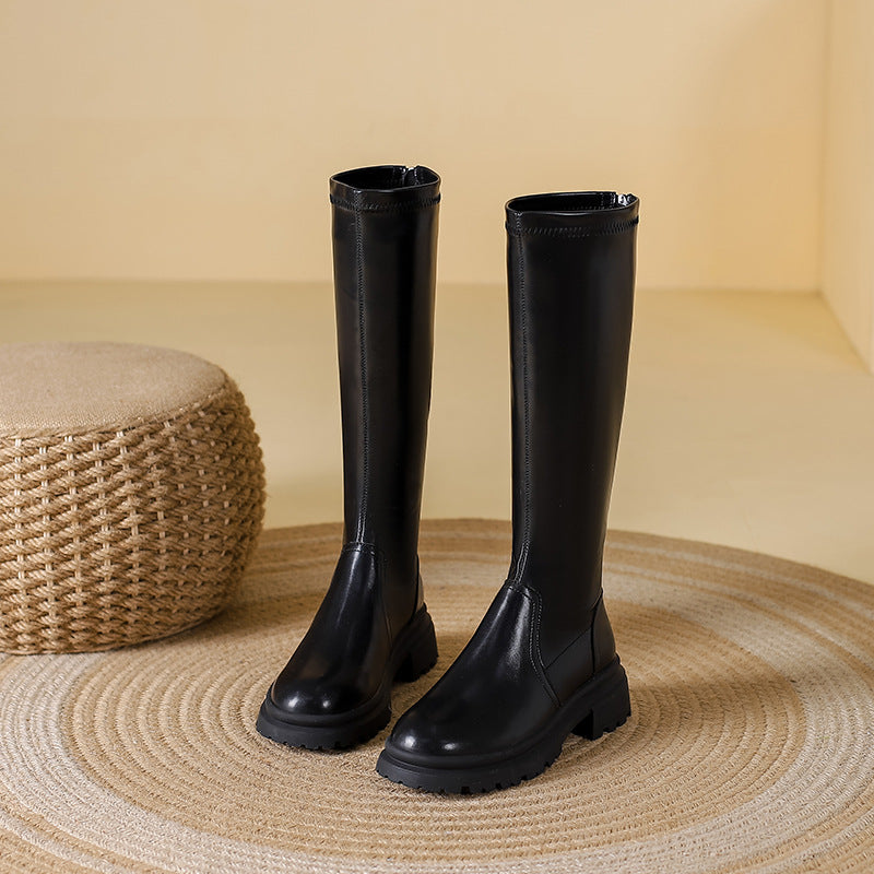 Platform Large Small Size Fleece-lined Below The Knee Fat Widened Women's Leather Boots