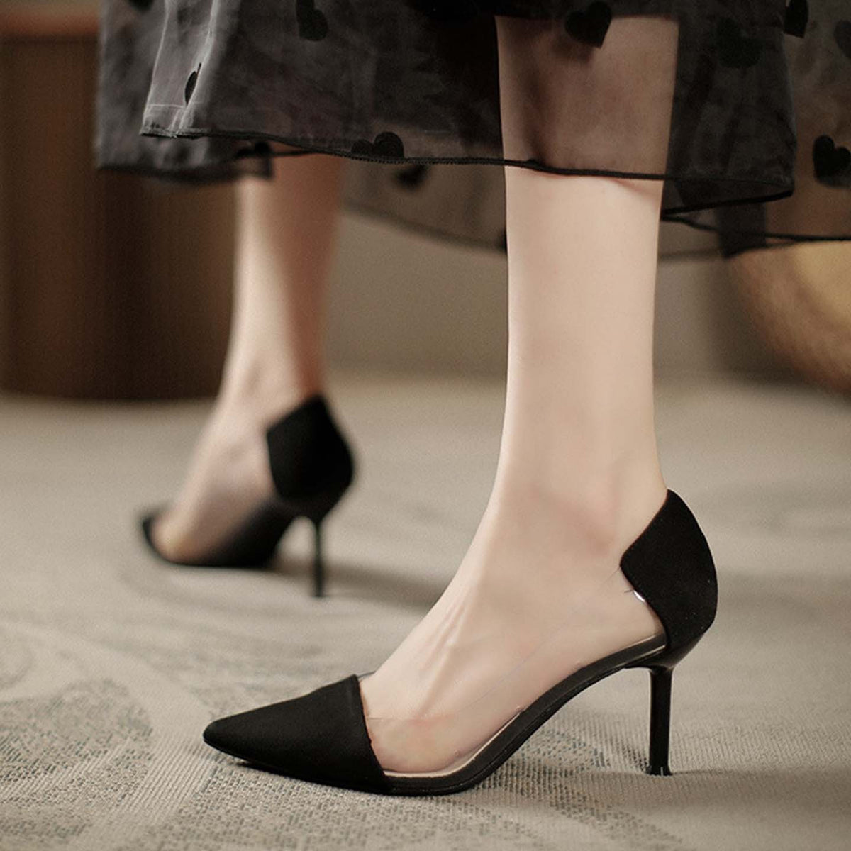 Women's Leopard Pointed High Slip-on Elegant Transparent Stiletto Pumps Large Women's Fashion Shoes