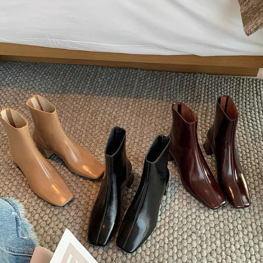 Women's Mom French Elegant Square Toe Thick High Glossy Retro Fashion Women's Leather Boots