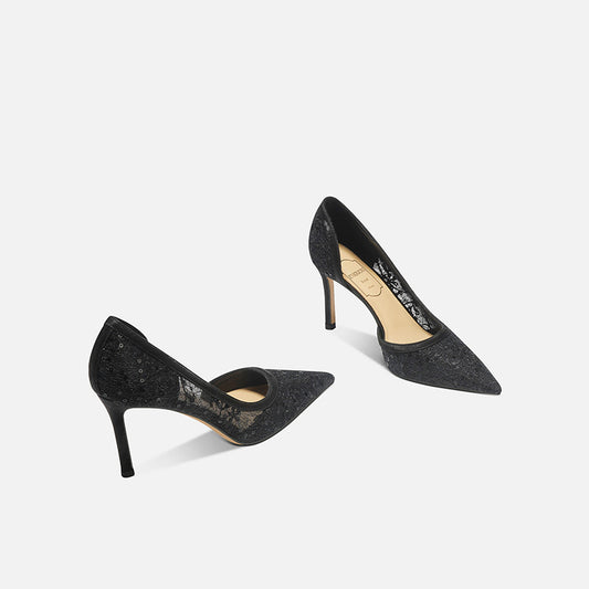 Women's Lace Mesh Commuter High Pointed Toe Design Heels