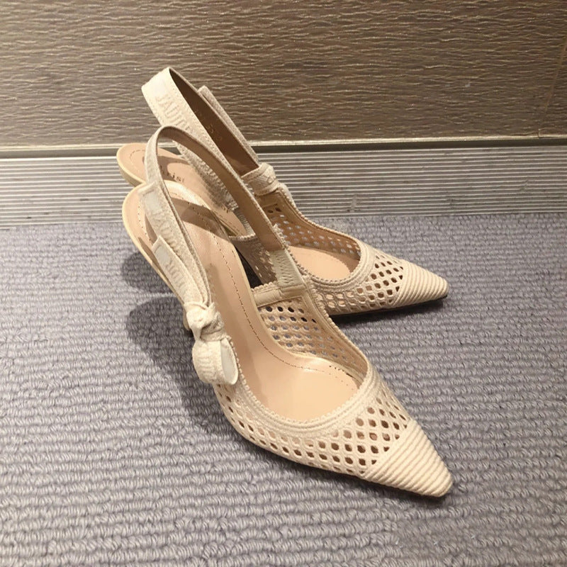 Women's Mesh Bowknot Color Matching Summer Home Sexy Breathable Letter Cat High Heeled Sandals