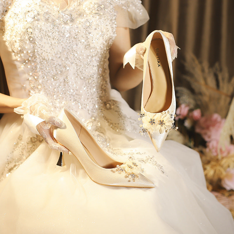 Women's French Bridesmaid Wedding Bridal High Main Not Tired Women's Fashion Shoes