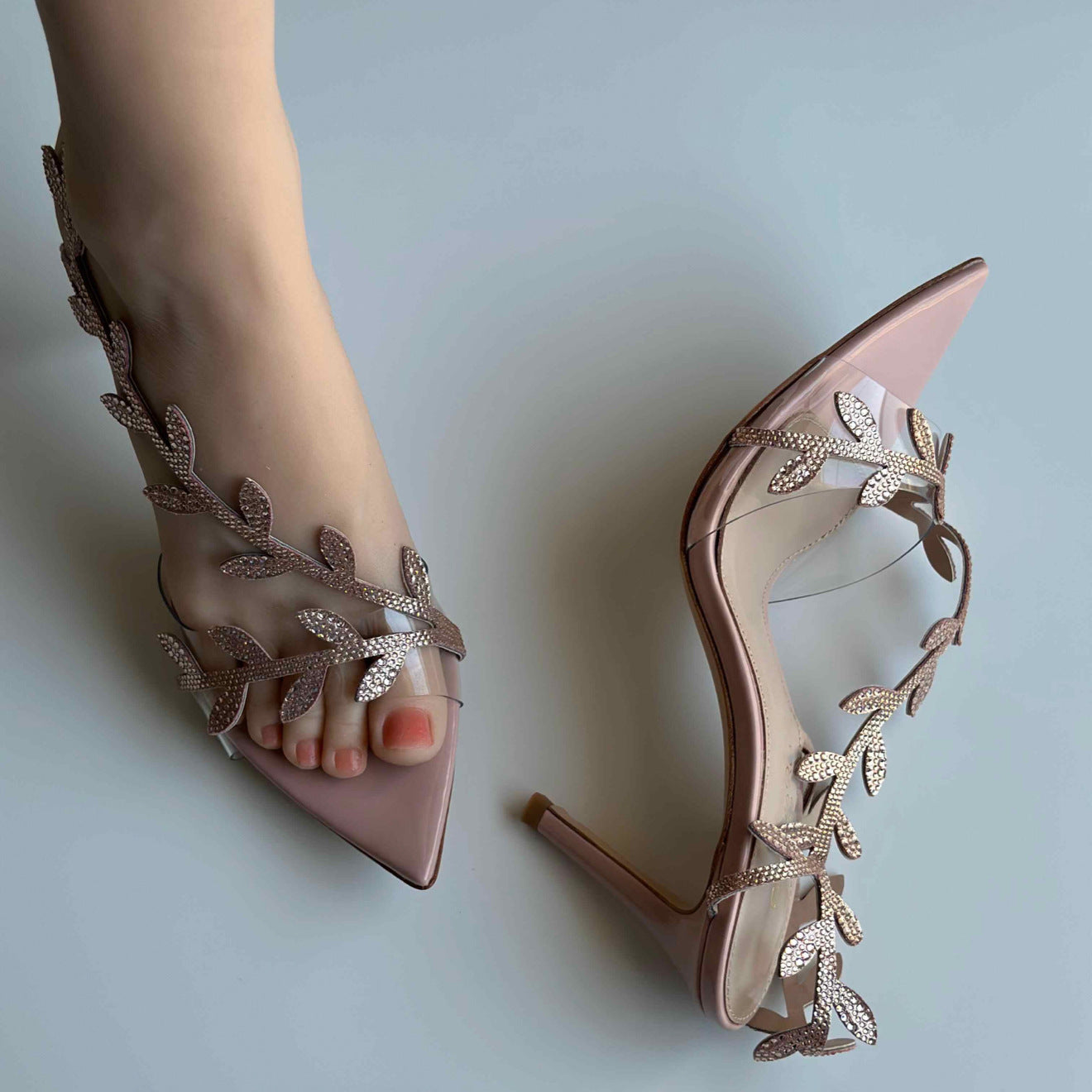 Summer Leaves Rhinestone Fairy Style Stilettos Pointed Toe High Heeled Sandals