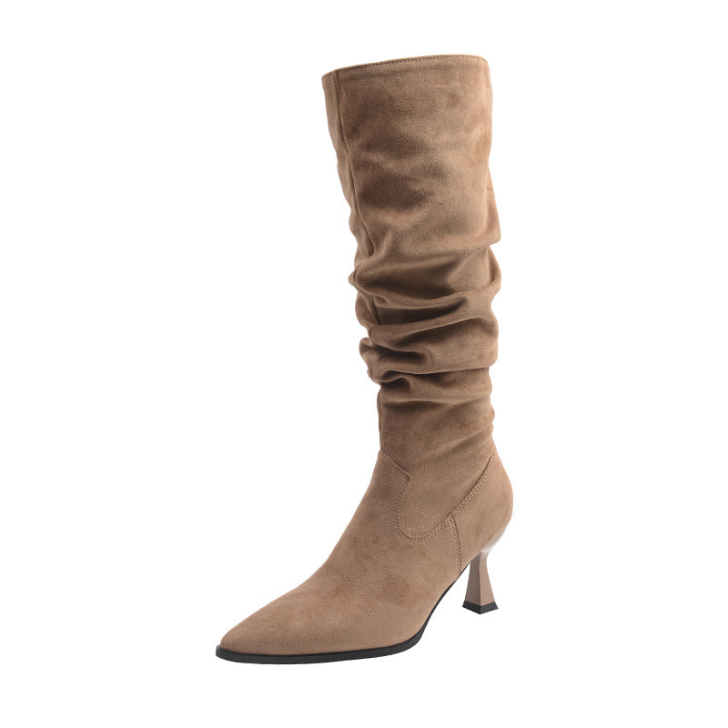 Women's Thick Leg Big Tube Circumference High Pointed Toe Pile Style Heels