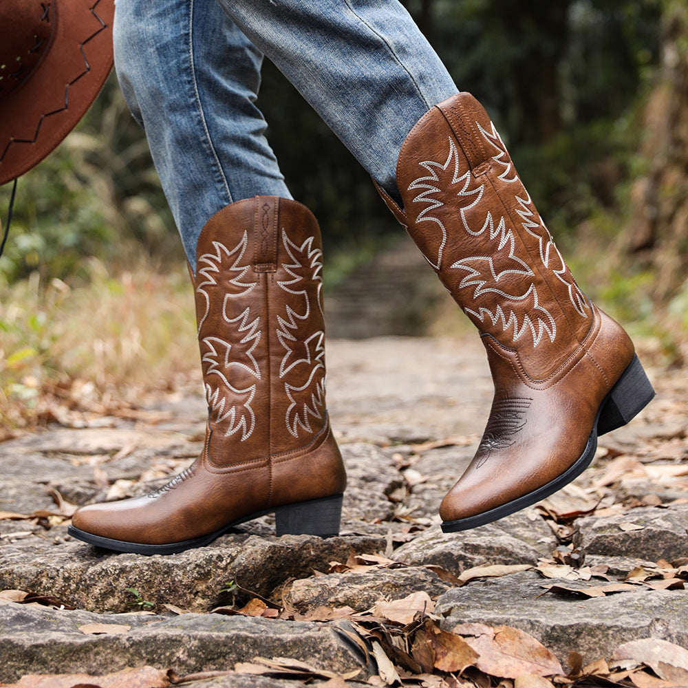 Men's Embroidery High Wooden Root Western Cowboy Zipper Bag Men's Leather Boots