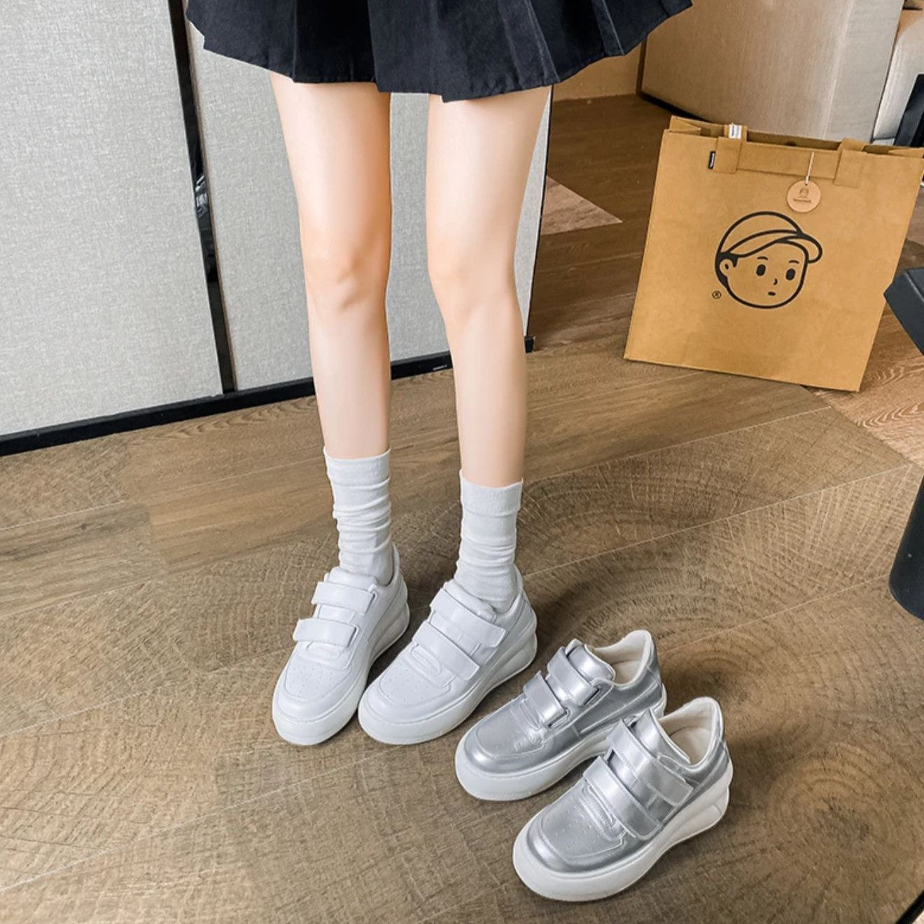 Women's Nana Velcro White Thick Sole Height Increasing Small Sneakers