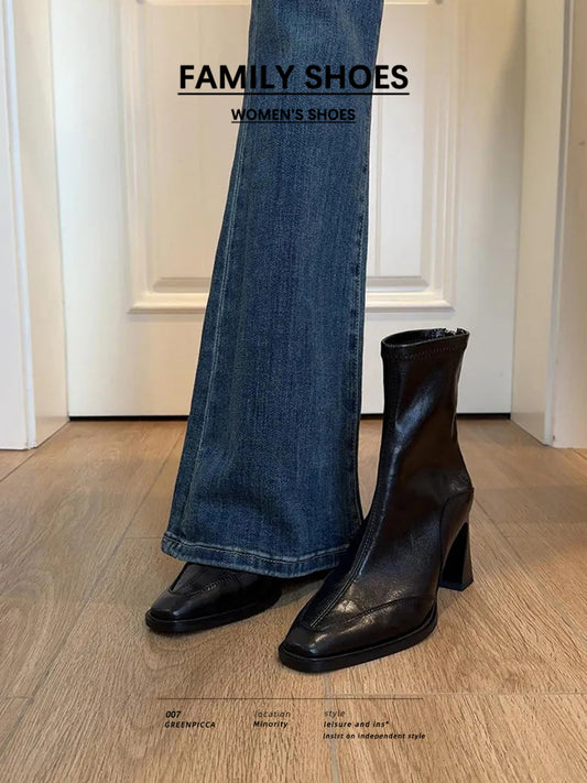 Ankle Female Square Toe Martin Black Plus Veet Chunky Heels