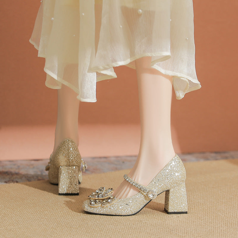 Women's Toe High High-grade Shining Rhinestone Mary Jane Elegant Chunky Women's Fashion Shoes