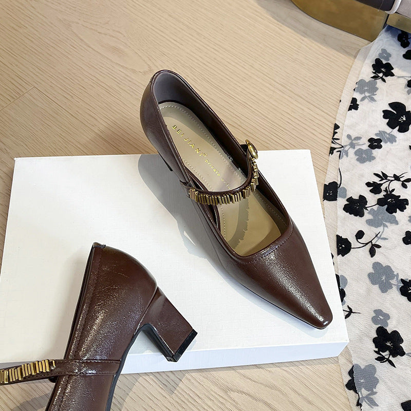 Women's French Retro Chain Strap Square Head Women's Fashion Shoes