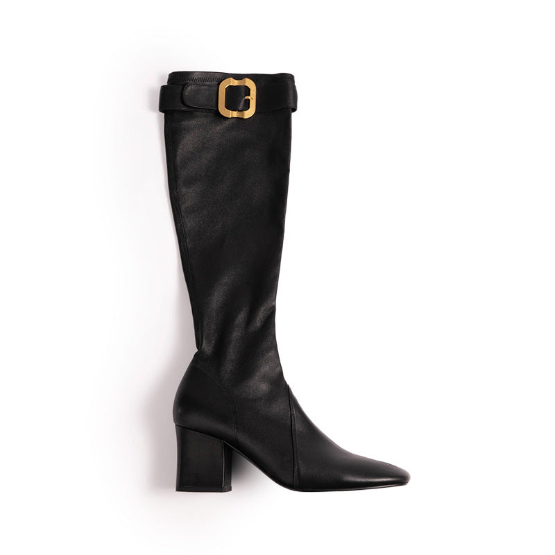 Chunky Zhang Gold Buckle Half Zipper Long Heels