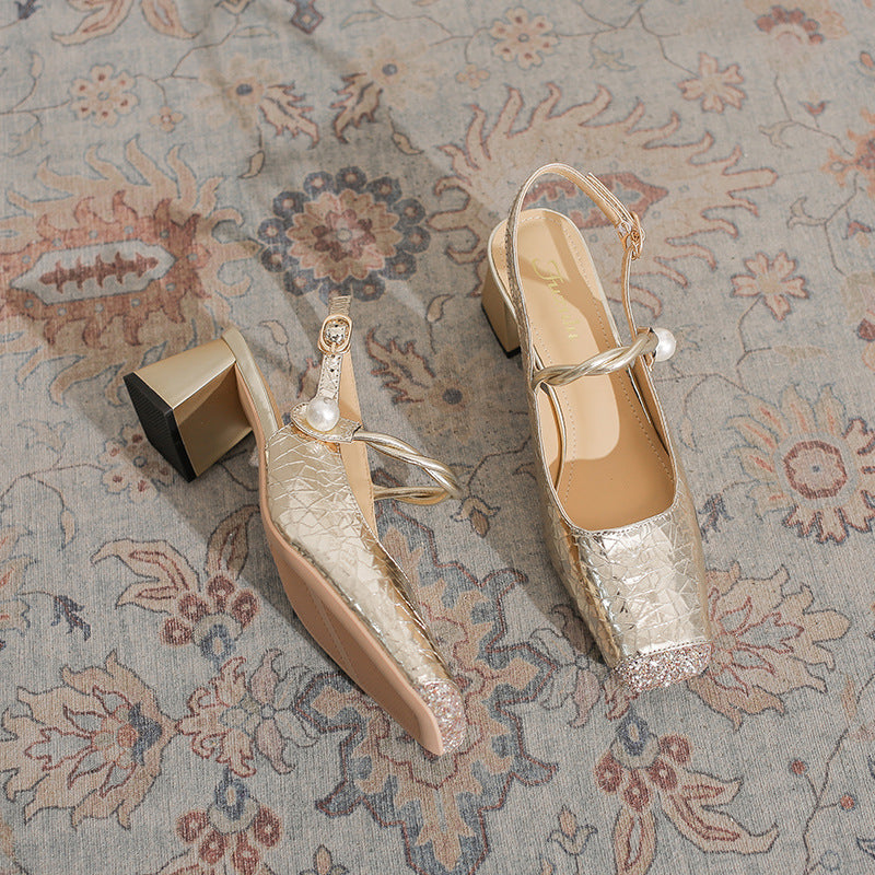 Square Toe Female Crack Design Sense Summer Thick Box Shallow Heels