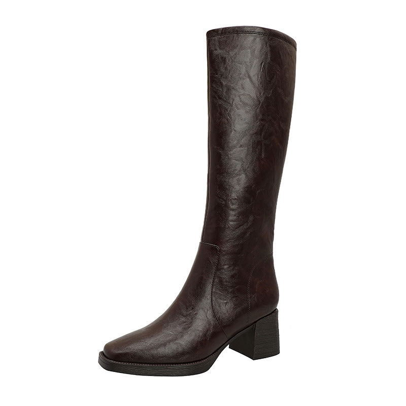 Women's High Winter Knight Chunky Square Toe Women's Leather Boots
