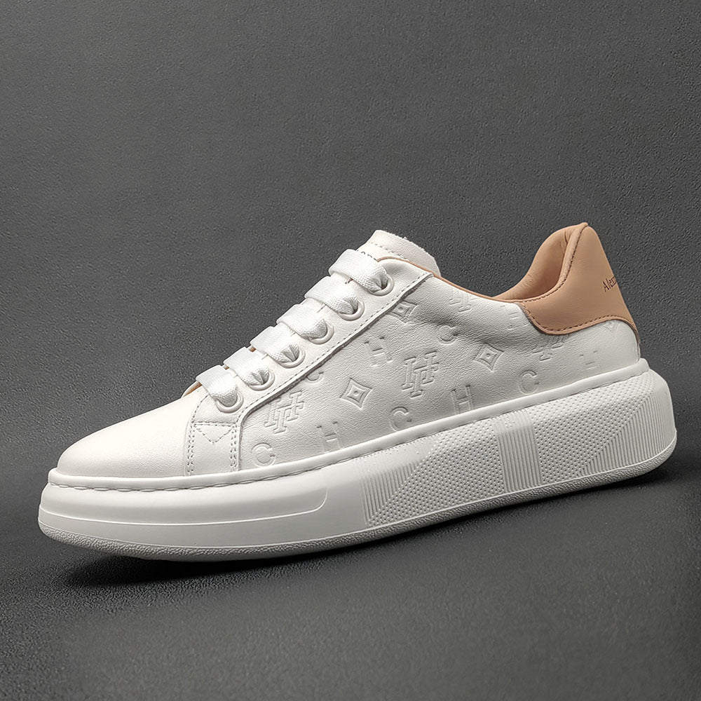 Men's Top Layer Fashionable Genuine Embossed White Men's Sports Shoes