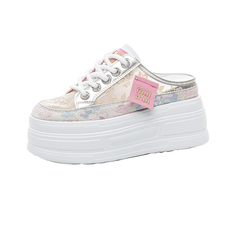 Women's Summer Breathable Half Mesh Surface White Thick Bottom Women's Casual Shoes