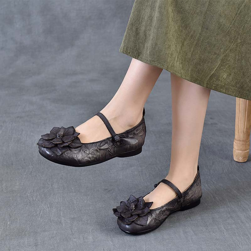 Women's First Layer Cowhide Soft Bottom Ethnic Style Flower Artistic Retro Women's Casual Shoes