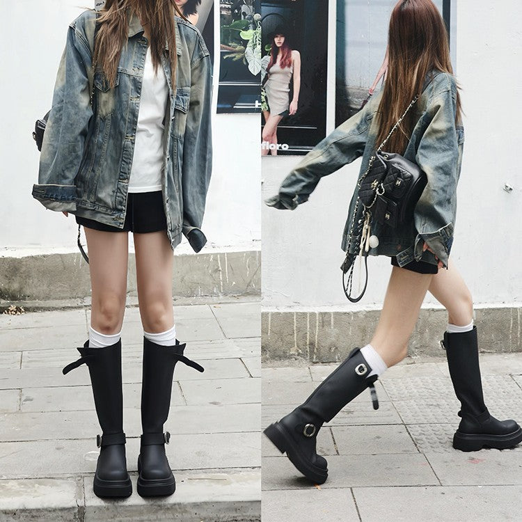 Belt Buckle Below The Knee Female Round Toe Thick Bottom Boots