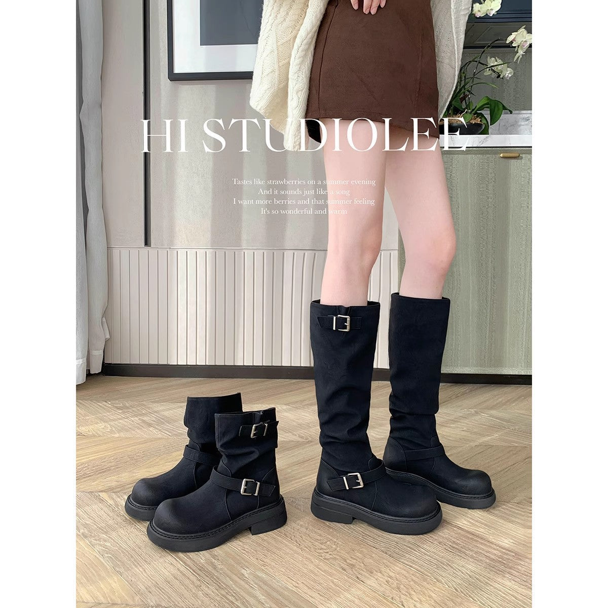 Women's Increased Two Kinds Sock Length Retro Round Head Chunky Buckle Women's Leather Boots