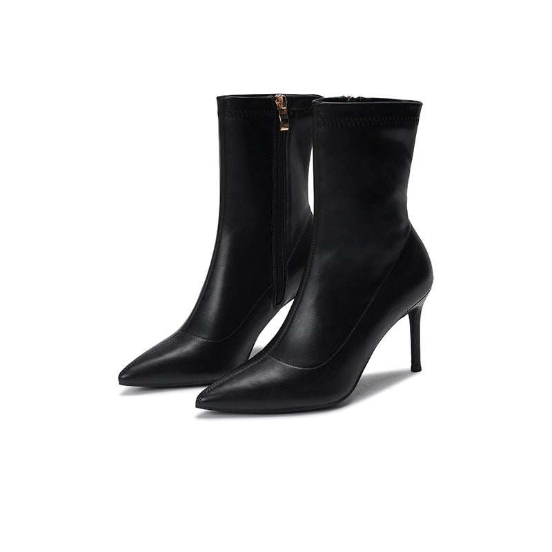 Side Zipper Surface Pointed Korean Style Women's Leather Boots