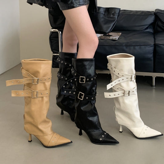 Women's Rivet Pointed Toe High-heeled Thigh Soft Stiletto Sexy Women's Leather Boots