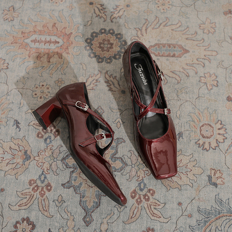 Women's Buckle Strap Spring Mary Jane Square Toe Vintage Sier Chunky Women's Shoes
