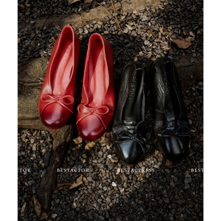 Women's Layer Cowhide Shallow Mouth Pumps Flat Women's Fashion Shoes