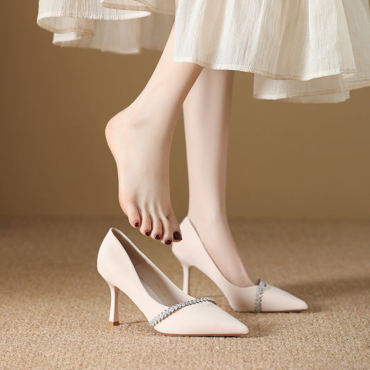 Women's Spring Stiletto Pumps High Pointed Temperament Korean Style French Pearl Heels