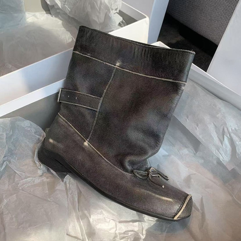 Version Square Toe Vintage Bowknot Platform Ballet Style Ankle Slimming Women's Leather Boots