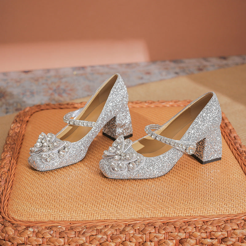 Women's Toe High High-grade Shining Rhinestone Mary Jane Elegant Chunky Women's Fashion Shoes
