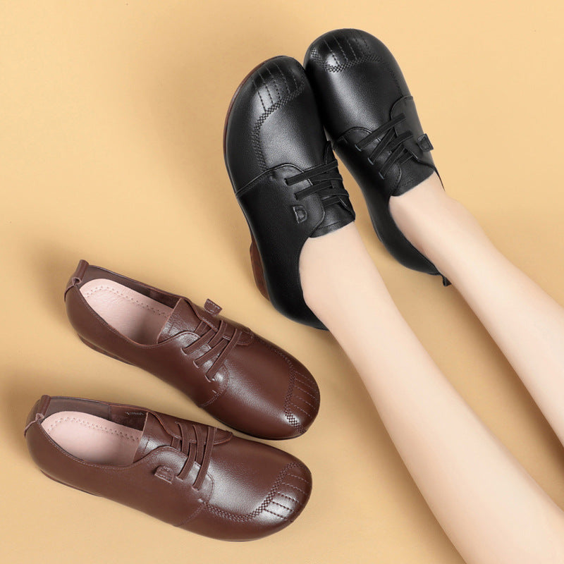 Women's Genuine Soft Bottom Mom Pumps Flat Comfort Beef Tendon Leather Shoes