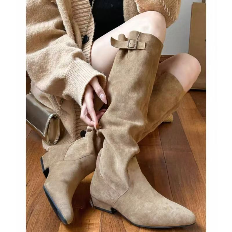 Below The Knee Long Female Suede Elegant Belt Buckle Slimming Heels