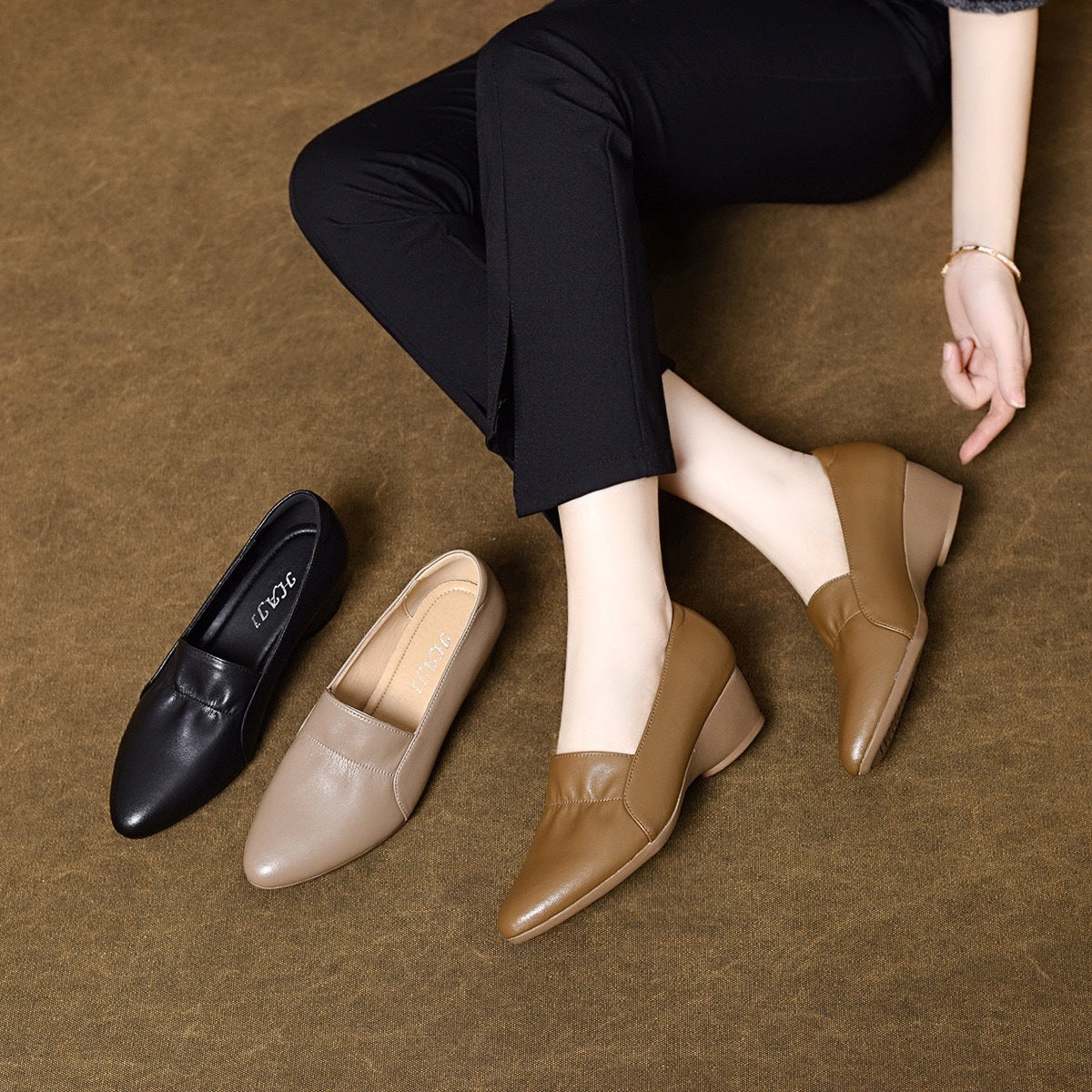 Women's Genuine Pumps Spring Shallow Mouth Pointed Soft Leather Shoes