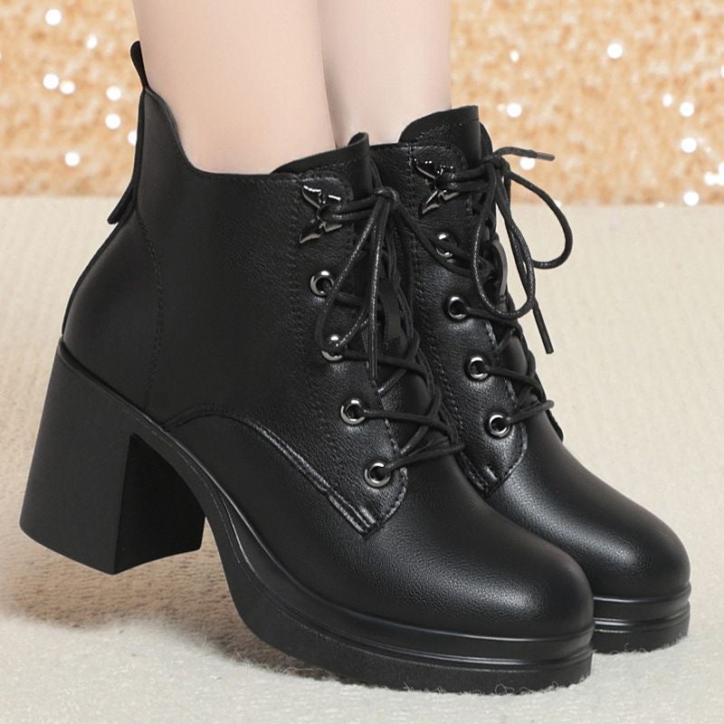 Elegant Martin Side Zip Thick Small Height Increasing Veet Short Women's Leather Boots
