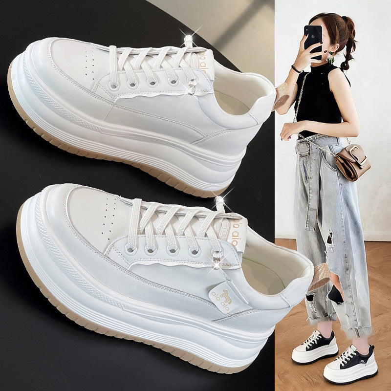 Women's White Spring Genuine Sports Skate Thick-soled Small Women's Casual Shoes