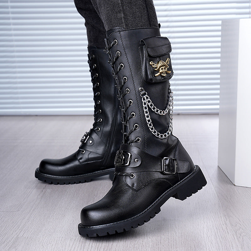 Men's Chain Cowboy Thick Bottom Trendy Stage Men's Leather Boots