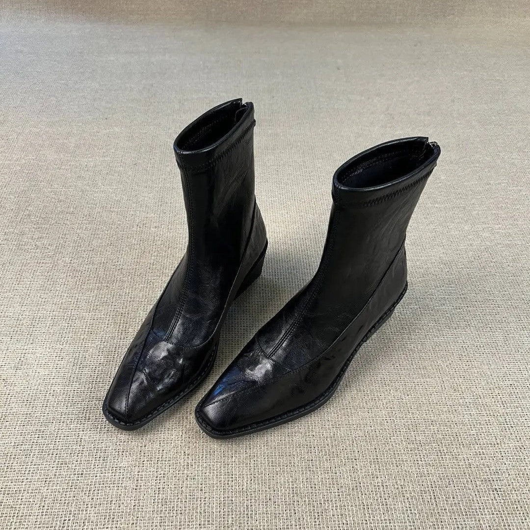 Women's Stretch Thin Chunky Black Short Suede Slimming Women's Leather Boots