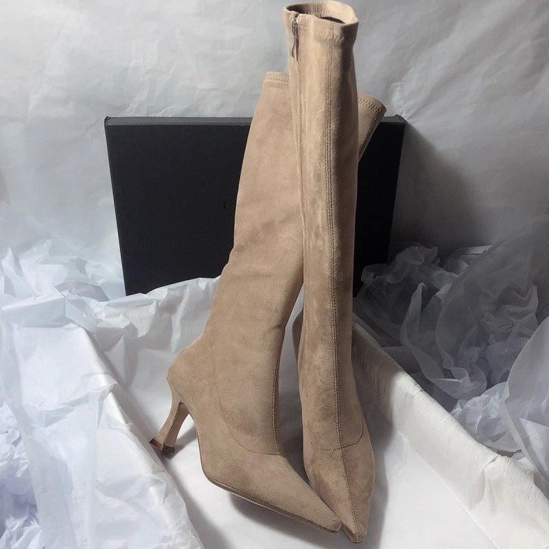 Men's Simple Below The Knee Stretch Frosted Skinny Side Zipper Pointed Women's Leather Boots
