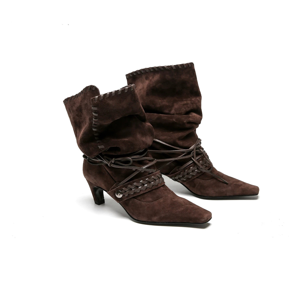 Women's Nomadic Niche Suede Square Toe High Western Cowboy Pleated Skinny Women's Leather Boots