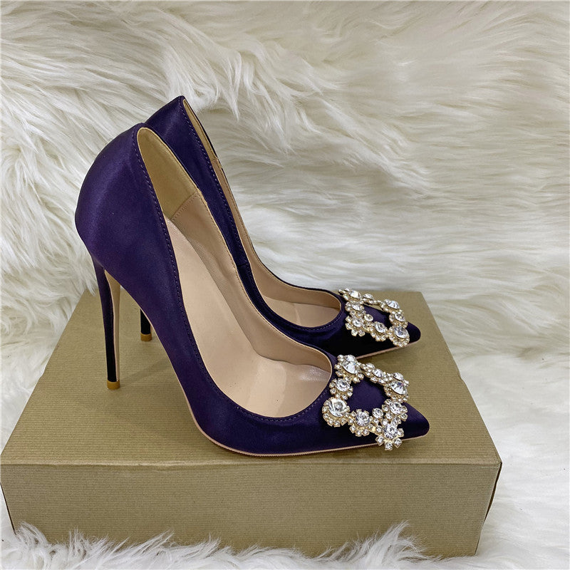 Women's Square Buckle High Pointed Stiletto Low-cut Pumps Red Women's Fashion Shoes