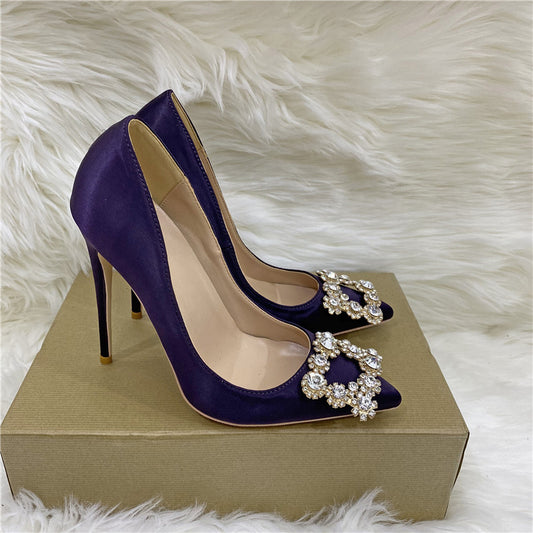 Women's Square Buckle High Pointed Stiletto Low-cut Pumps Red Women's Fashion Shoes