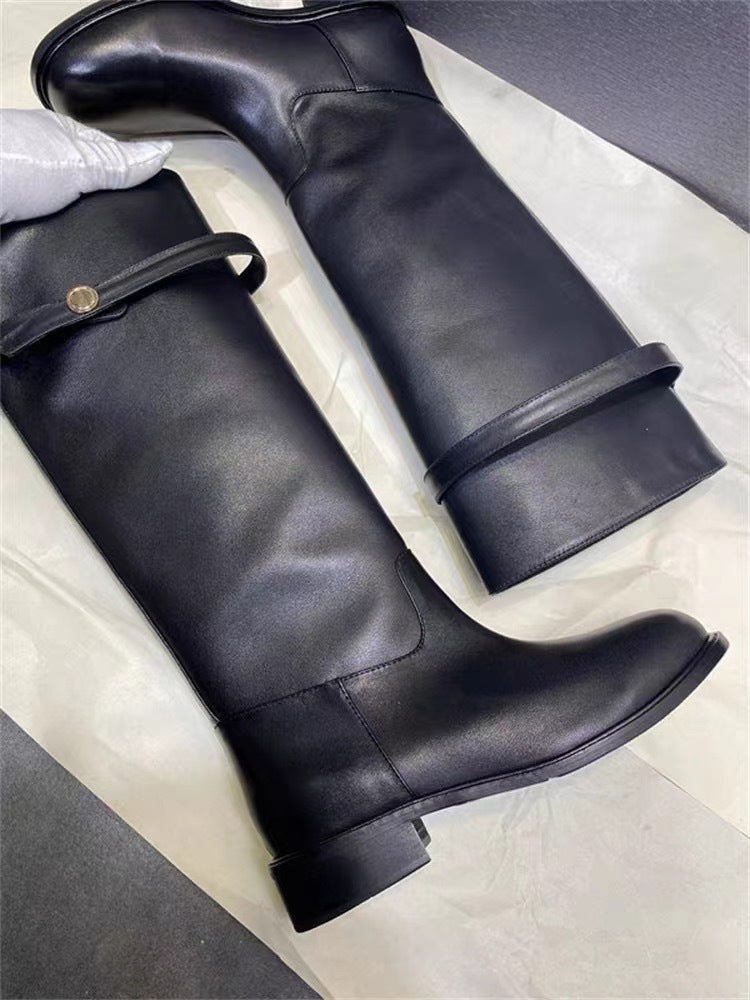 Women's Korean Style Handmade Thigh High Square Chunky Heels