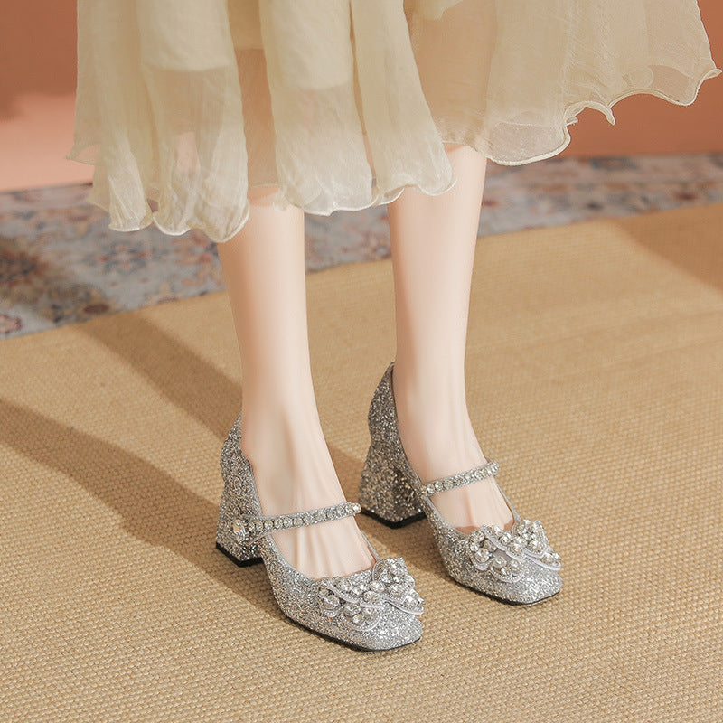 Women's Toe High High-grade Shining Rhinestone Mary Jane Elegant Chunky Women's Fashion Shoes
