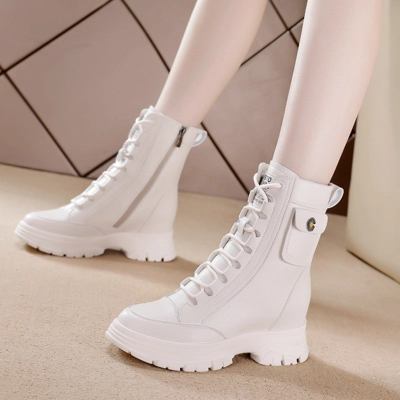 Women's Martin British Style Small Thick Bottom Height Increasing Insole Women's Leather Boots