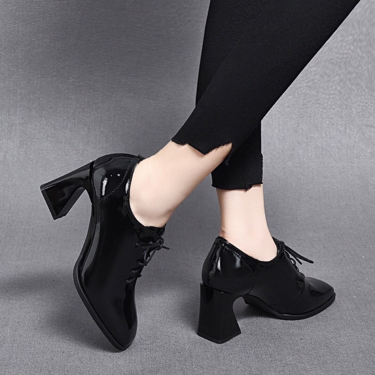 Women's Black Professional Square Toe Laces Mid Deep Women's Fashion Shoes