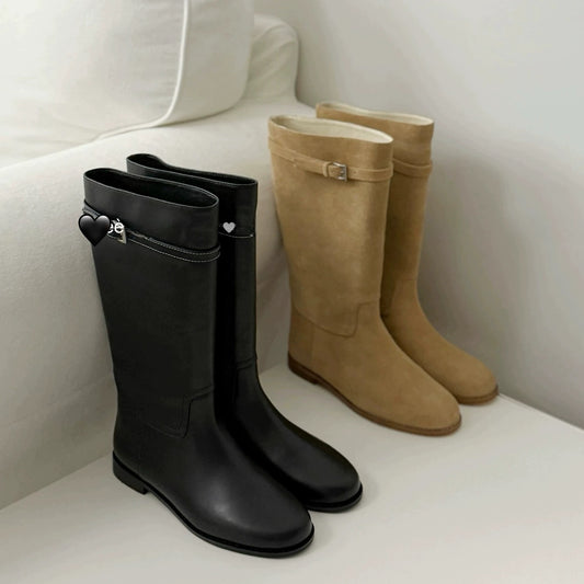 Women's Cowhide Version Round Head Chunky Wide Tube Western Women's Leather Boots