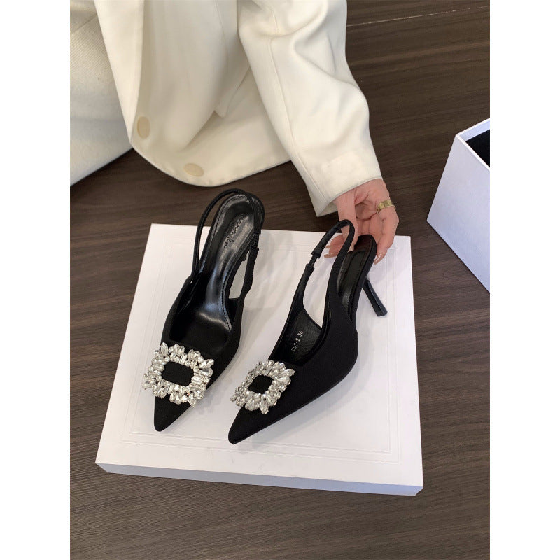 Niche French Style Dignified Rhinestone Closed Toe High Heeled Sandals