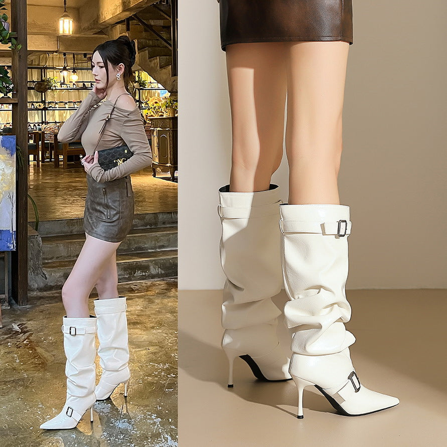 Women's Knee Pointed Toe Pleated Belt Buckle Pile Style Women's Leather Boots
