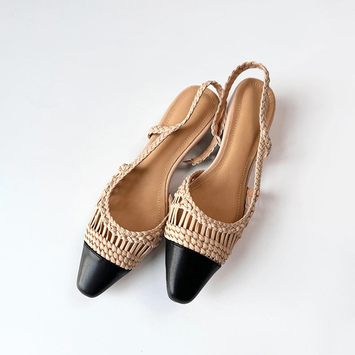 Women's Sheepskin Version Weaving Hollow Square Toe Chunky Back Empty Stitching Sandals