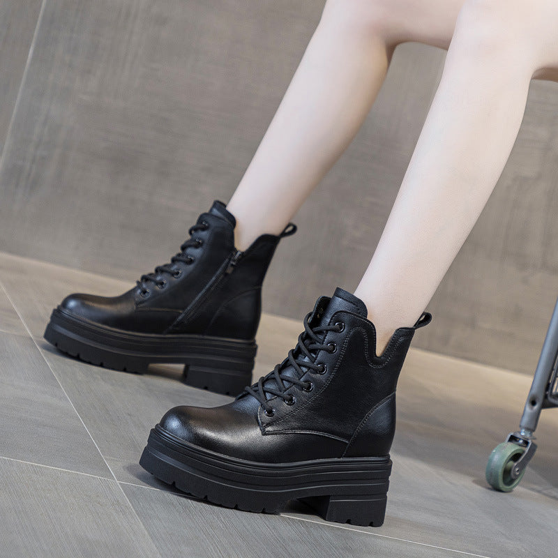 Women's Autumn Small Platform Wedge Inner Height Increase Mid Short Boots