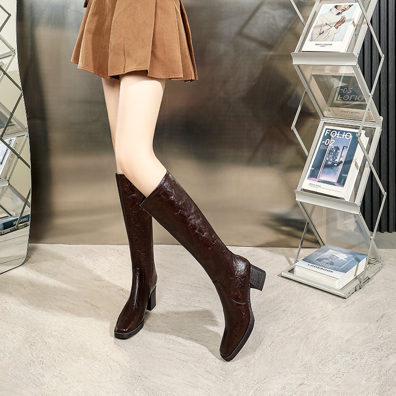 Women's High Winter Knight Chunky Square Toe Women's Leather Boots